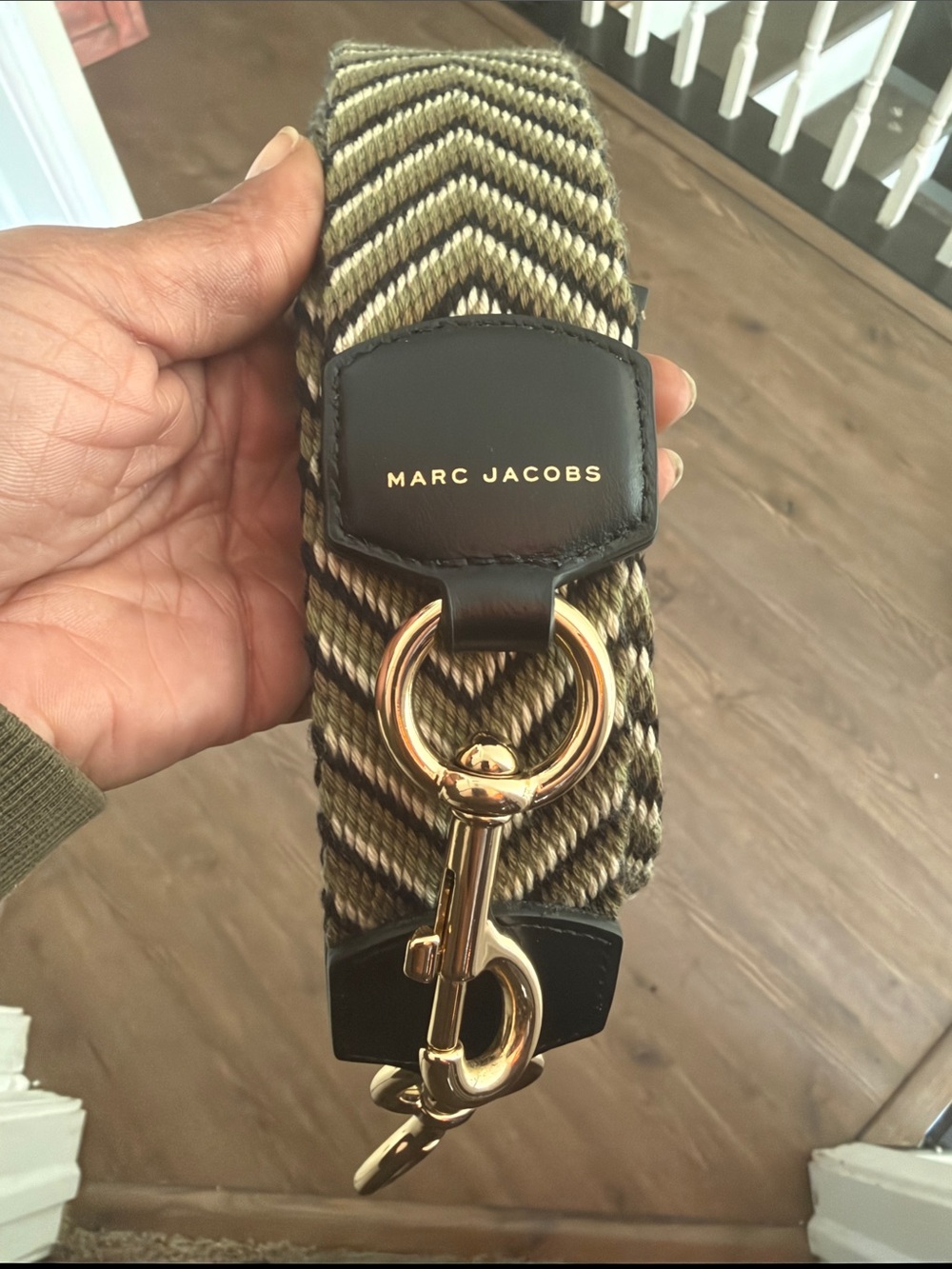 Marc Jacobs Olive Chevron Webbing Strap with Gold Hardware